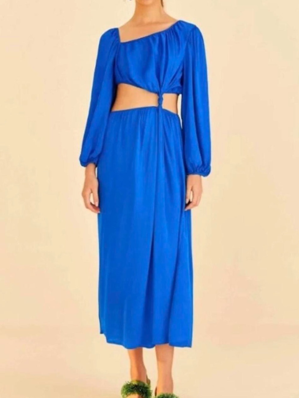 New Farm Rio Blue Viscose Satin Midi Dress Cut Out Puff Sleeve Long Sleeve